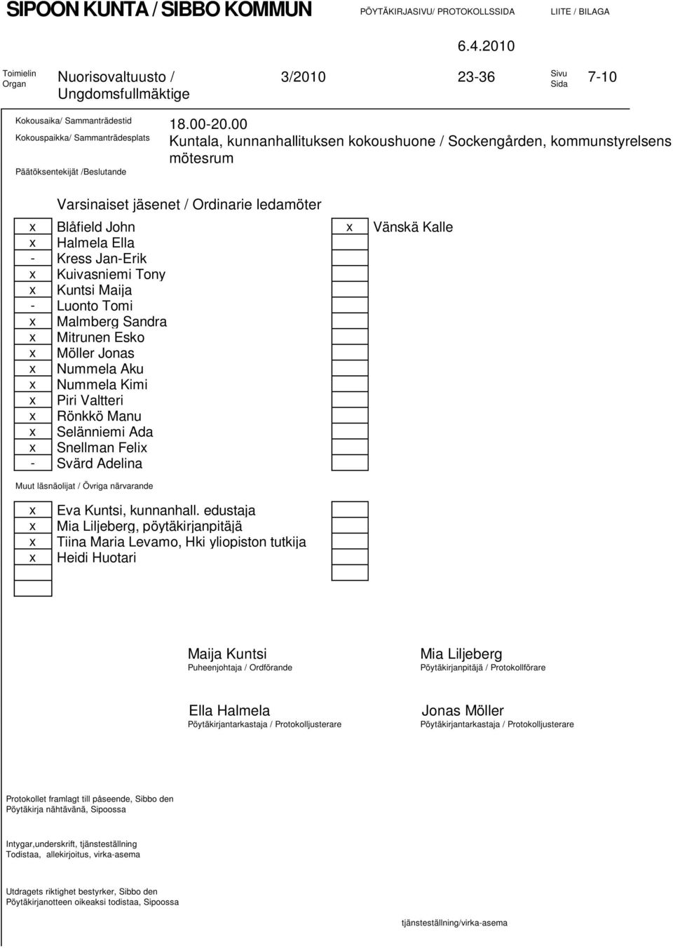 00 Kokouspaikka/ Sammanträdesplats Päätöksentekijät /Beslutande Kuntala, kunnanhallituksen kokoushuone / Sockengården, kommunstyrelsens mötesrum Varsinaiset jäsenet / Ordinarie ledamöter Blåfield