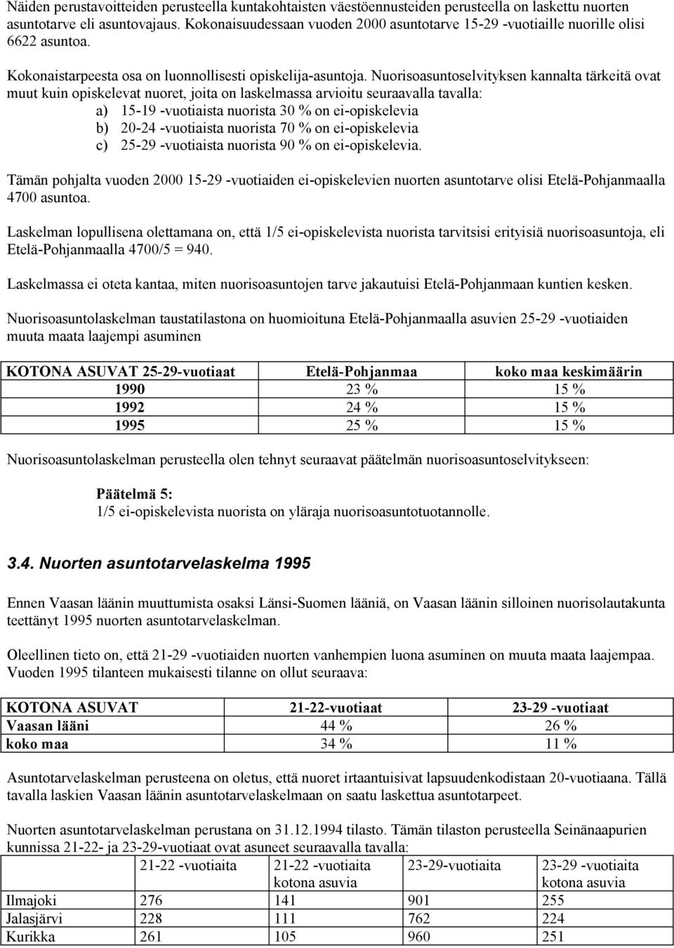 Nuorisoasuntoselvityksen kannalta tärkeitä ovat muut kuin opiskelevat nuoret, joita on laskelmassa arvioitu seuraavalla tavalla: a) 15-19 -vuotiaista nuorista 30 % on ei-opiskelevia b) 20-24