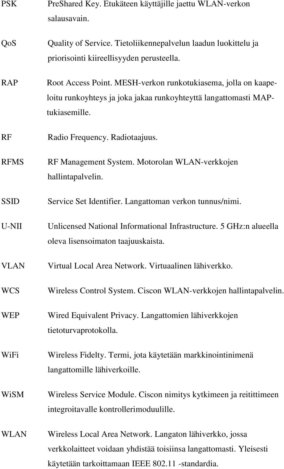 RF Management System. Motorolan WLAN-verkkojen hallintapalvelin. Service Set Identifier. Langattoman verkon tunnus/nimi. U-NII VLAN Unlicensed National Informational Infrastructure.