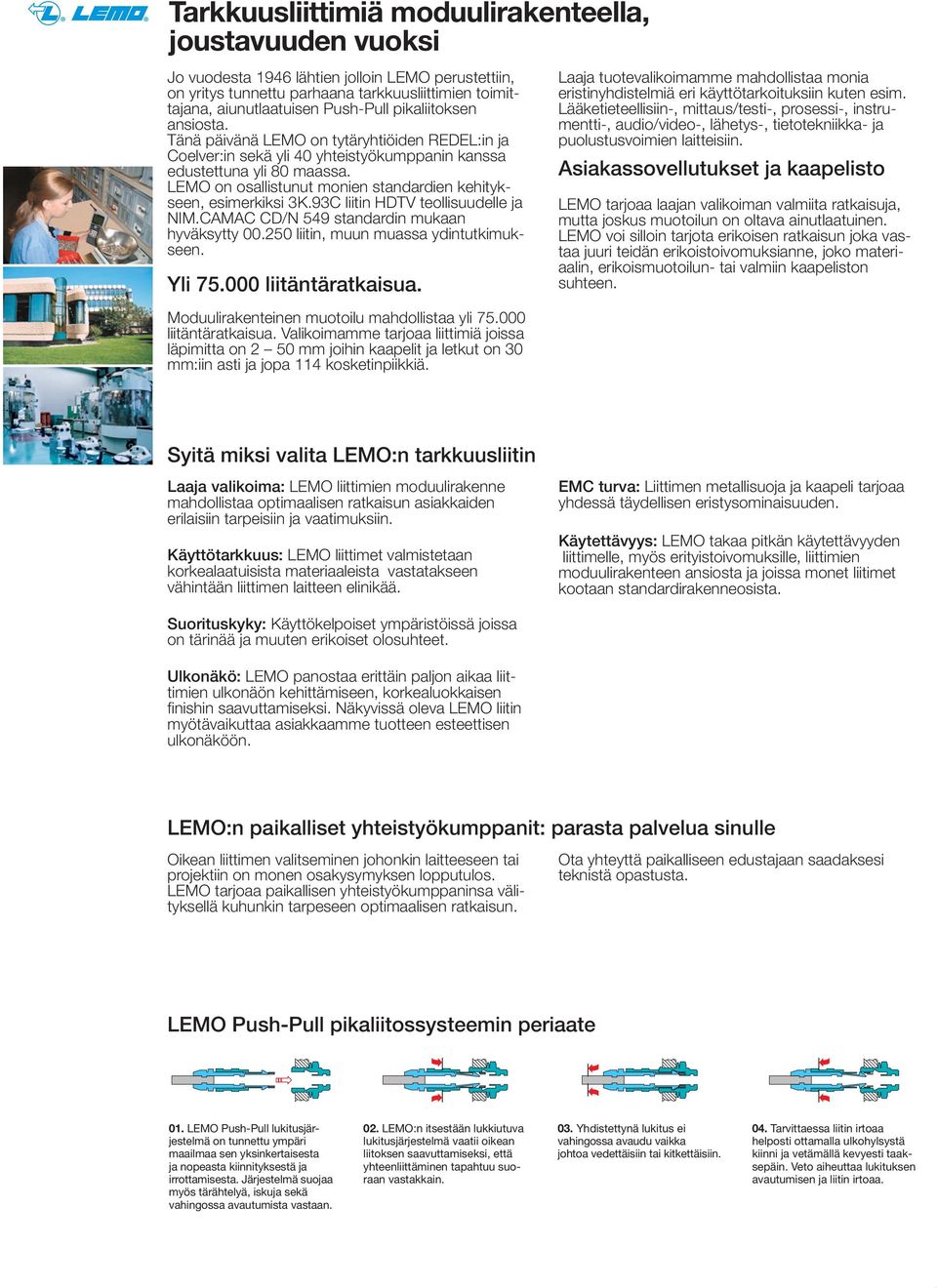LEMO on osallistunut monien standardien kehitykseen, esimerkiksi 3K.93C liitin HDTV teollisuudelle ja NIM.CAMAC CD/N 549 standardin mukaan hyväksytty 00.250 liitin, muun muassa ydintutkimukseen.