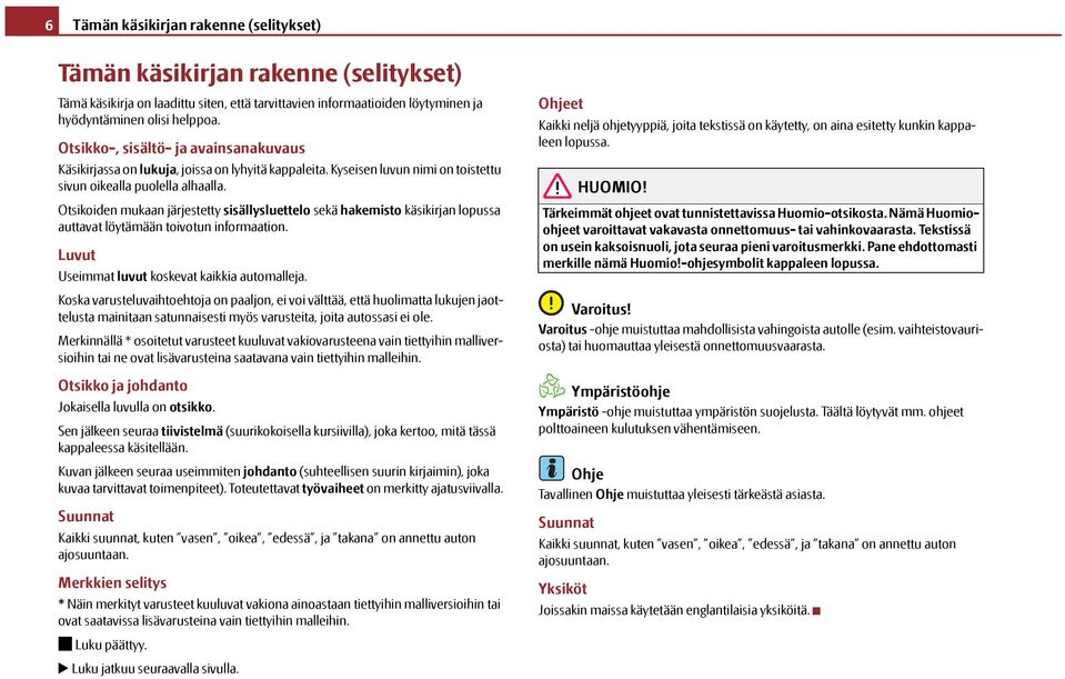 Otsikoiden mukaan järjestetty sisällysluettelo sekä hakemisto käsikirjan lopussa auttavat löytämään toivotun informaation. Luvut Useimmat luvut koskevat kaikkia automalleja.