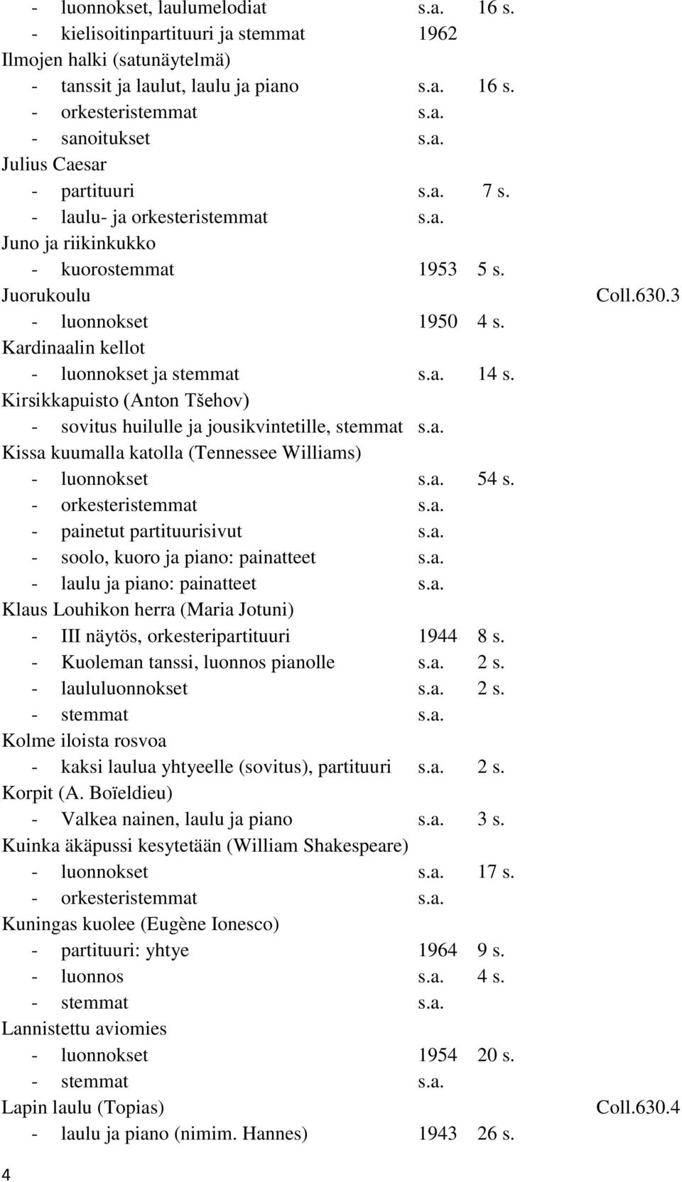 Kirsikkapuisto (Anton Tšehov) - sovitus huilulle ja jousikvintetille, stemmat s.a. Kissa kuumalla katolla (Tennessee Williams) - luonnokset s.a. 54 s. - painetut partituurisivut s.a. - soolo, kuoro ja piano: painatteet s.