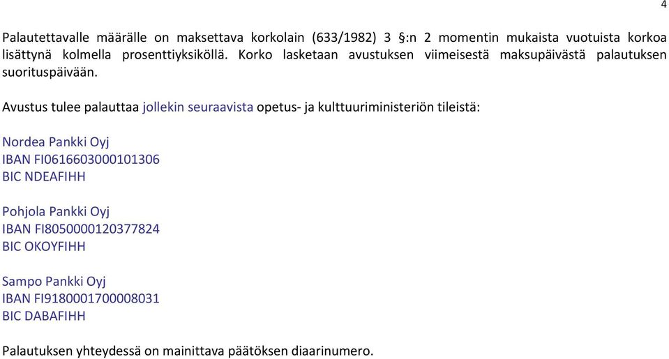 Avustus tulee palauttaa jollekin seuraavista opetus- ja kulttuuriministeriön tileistä: Nordea Pankki Oyj IBAN FI0616603000101306 BIC