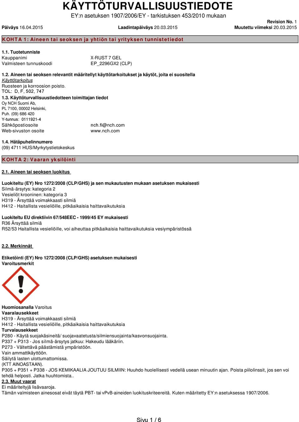 TOL: D, F, 502, 747 1.3. Käyttöturvallisuustiedotteen toimittajan tiedot Oy NCH Suomi Ab, PL 7100, 00002 Helsinki, Puh. (09) 686 420 Y-tunnus: 0111921-4 Sähköpostiosoite nch.fi@nch.