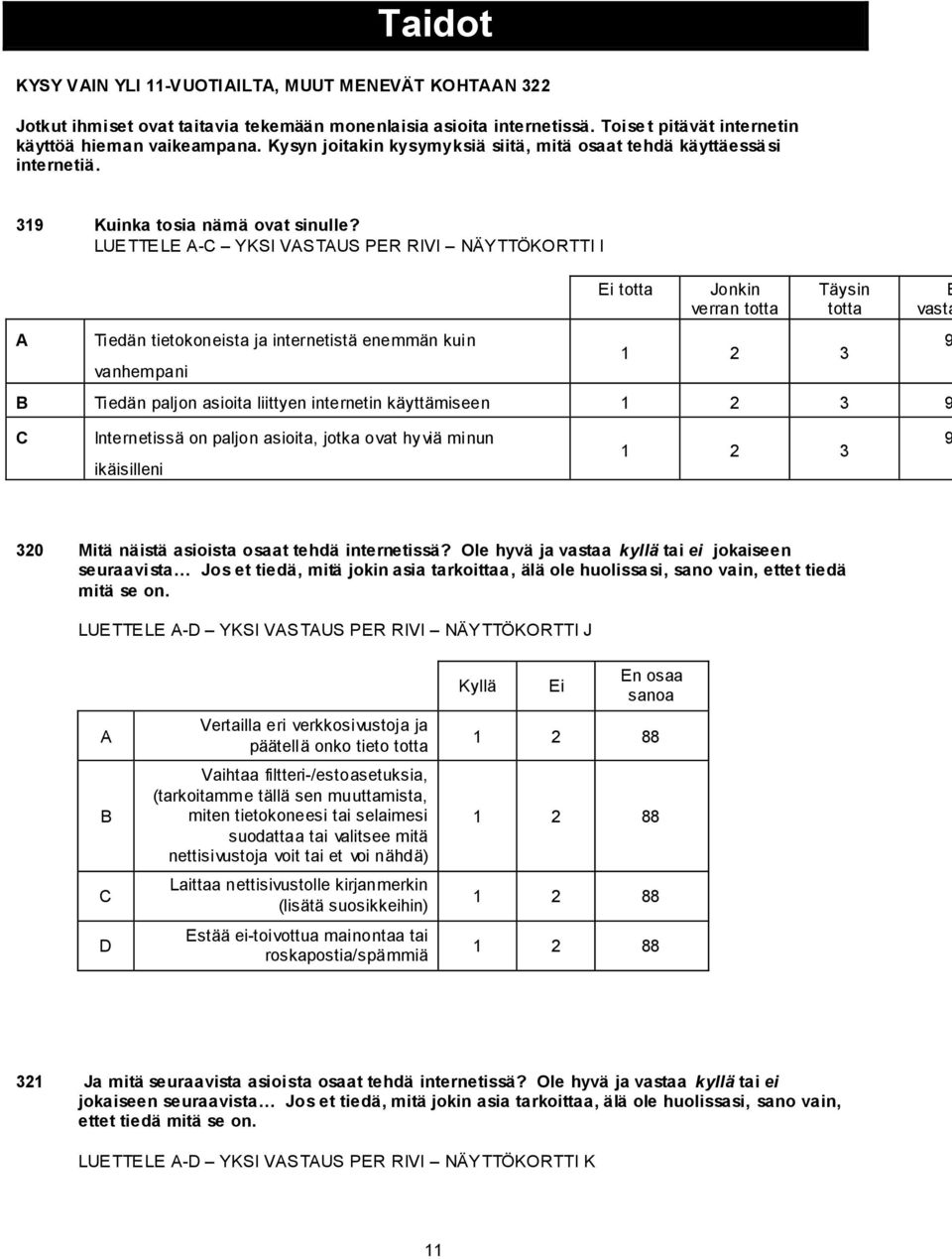 LUETTELE A-C YKSI VASTAUS PER RIVI NÄYTTÖKORTTI I A Tiedän tietokoneista ja internetistä enemmän kuin vanhempani Ei totta Jonkin verran totta Täysin totta 1 2 3 B Tiedän paljon asioita liittyen