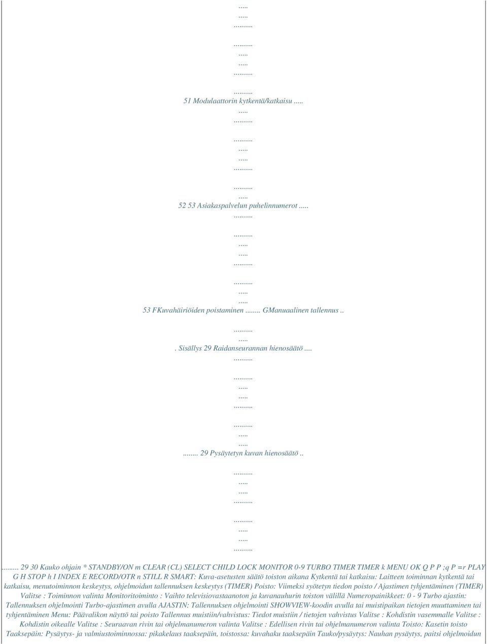 .... 29 30 Kauko ohjain * STANDBY/ON m CLEAR (CL) SELECT CHILD LOCK MONITOR 0-9 TURBO TIMER TIMER k MENU OK Q P P ;q P =r PLAY G H STOP h I INDEX E RECORD/OTR n STILL R SMART: Kuva-asetusten säätö
