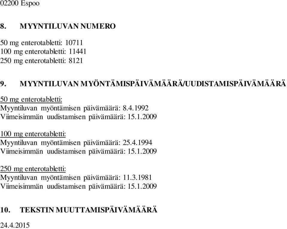 1992 Viimeisimmän uudistamisen päivämäärä: 15.1.2009 100 mg enterotabletti: Myyntiluvan myöntämisen päivämäärä: 25.4.