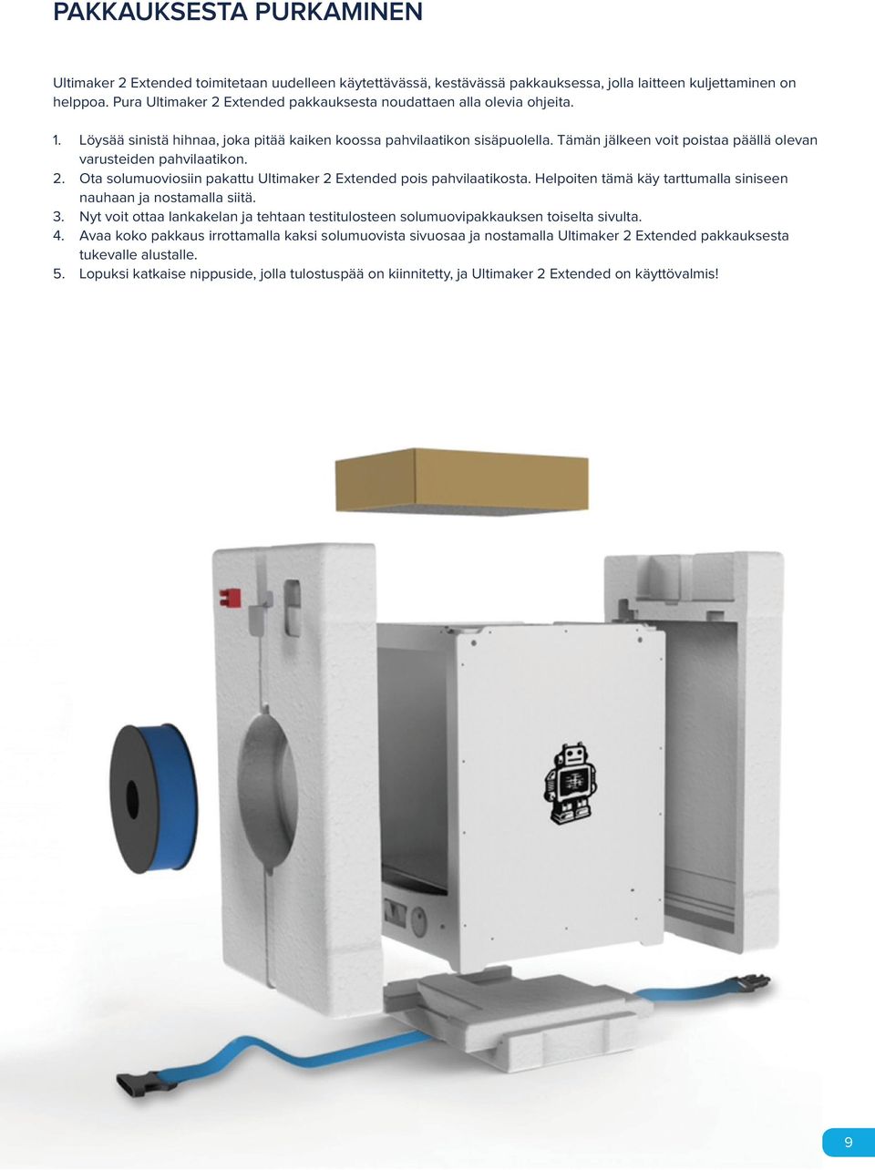 Tämän jälkeen voit poistaa päällä olevan varusteiden pahvilaatikon. 2. Ota solumuoviosiin pakattu Ultimaker 2 Extended pois pahvilaatikosta.