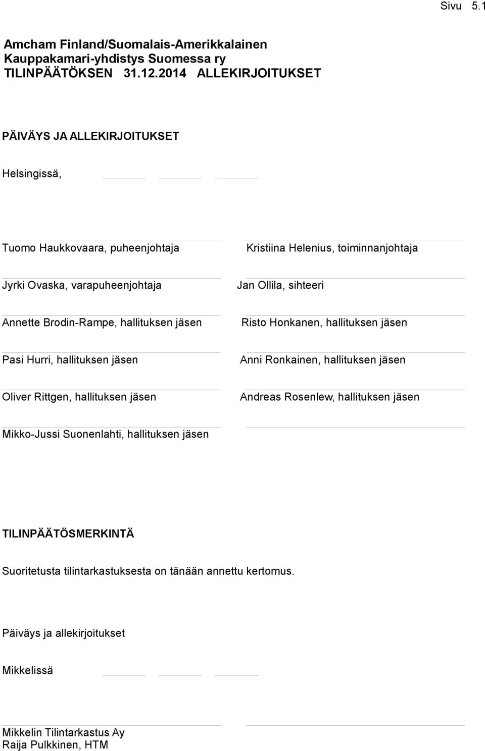 Ollila, sihteeri Annette Brodin-Rampe, hallituksen jäsen Risto Honkanen, hallituksen jäsen Pasi Hurri, hallituksen jäsen Anni Ronkainen, hallituksen jäsen Oliver