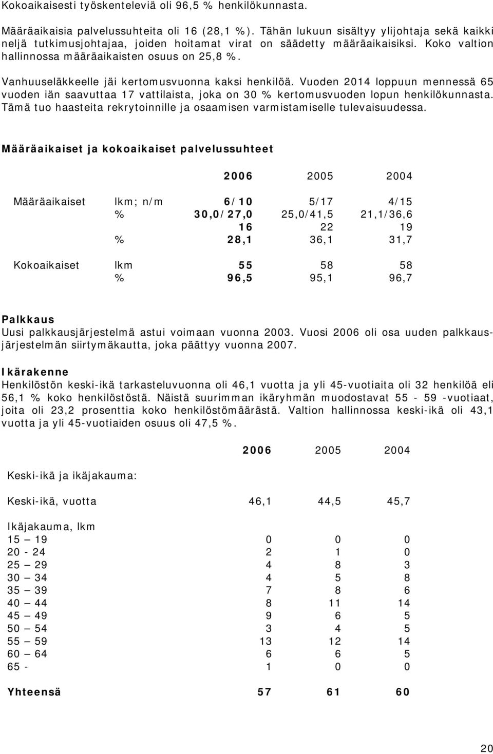 Vanhuuseläkkeelle jäi kertomusvuonna kaksi henkilöä. Vuoden 2014 loppuun mennessä 65 vuoden iän saavuttaa 17 vattilaista, joka on 30 % kertomusvuoden lopun henkilökunnasta.