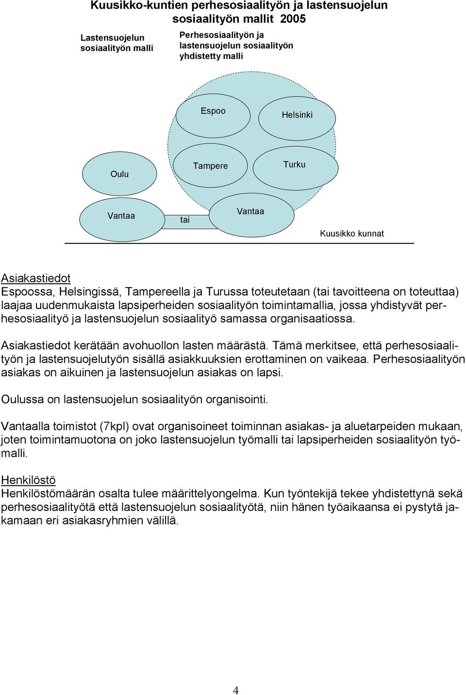 toimintamallia, jossa yhdistyvät perhesosiaalityö ja lastensuojelun sosiaalityö samassa organisaatiossa. Asiakastiedot kerätään avohuollon lasten määrästä.