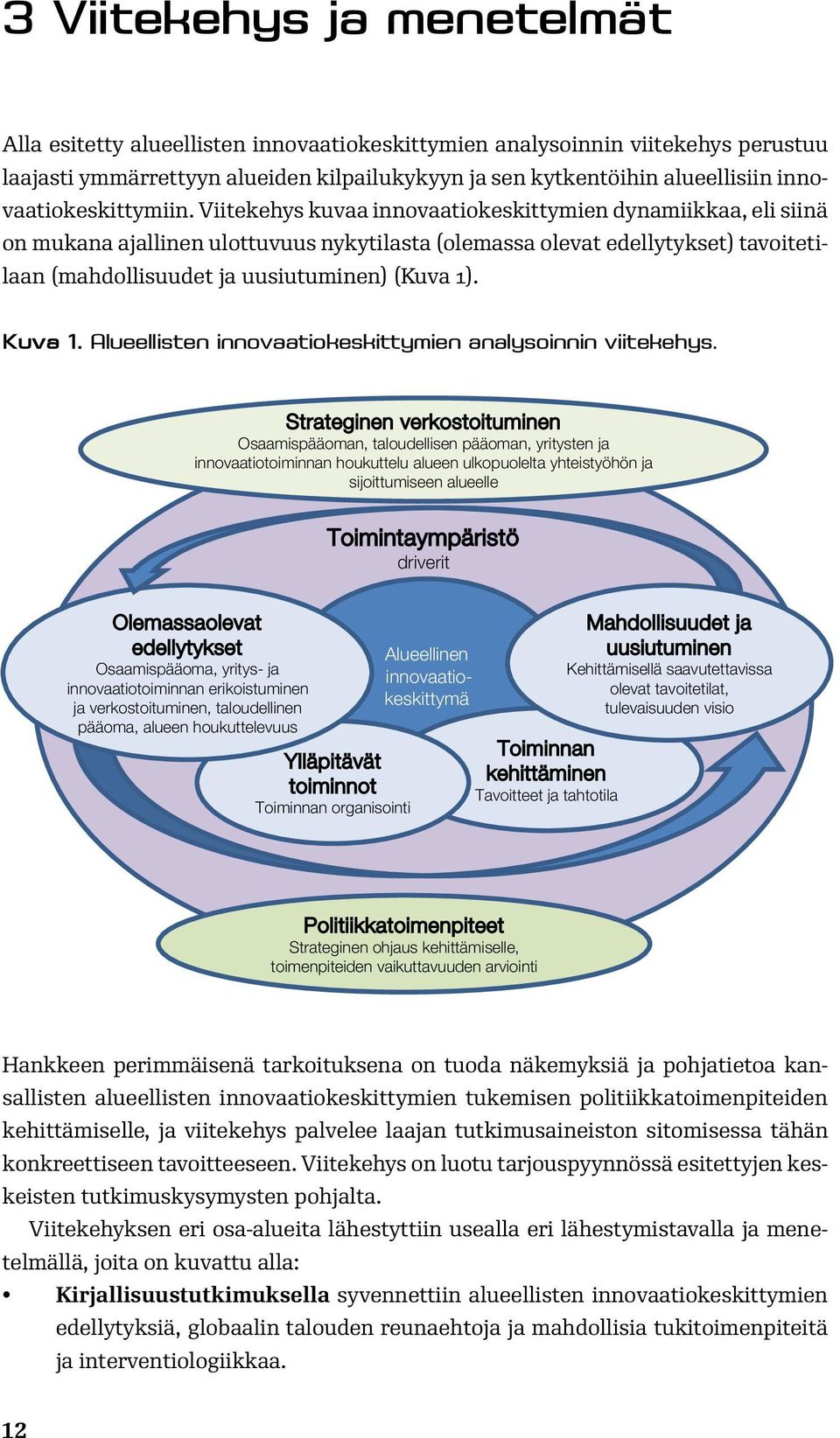 Viitekehys kuvaa innovaatiokeskittymien dynamiikkaa, eli siinä on mukana ajallinen ulottuvuus nykytilasta (olemassa olevat edellytykset) tavoitetilaan (mahdollisuudet ja uusiutuminen) (Kuva 1).