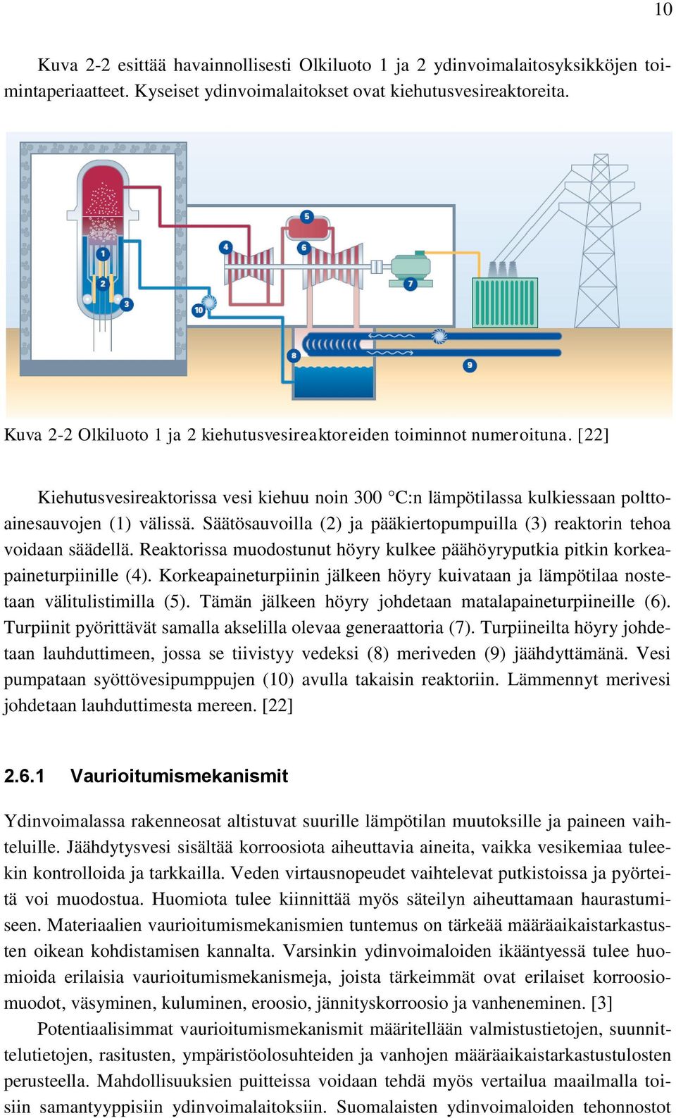 Säätösauvoilla (2) ja pääkiertopumpuilla (3) reaktorin tehoa voidaan säädellä. Reaktorissa muodostunut höyry kulkee päähöyryputkia pitkin korkeapaineturpiinille (4).