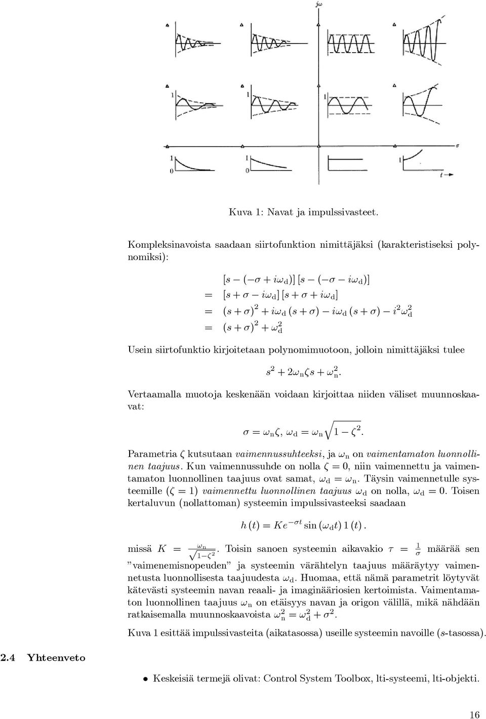 = (s + σ) 2 + ω 2 d Usein siirtofunktio kirjoitetaan polynomimuotoon, jolloin nimittäjäksi tulee s 2 +2ω n ζs + ω 2 n.