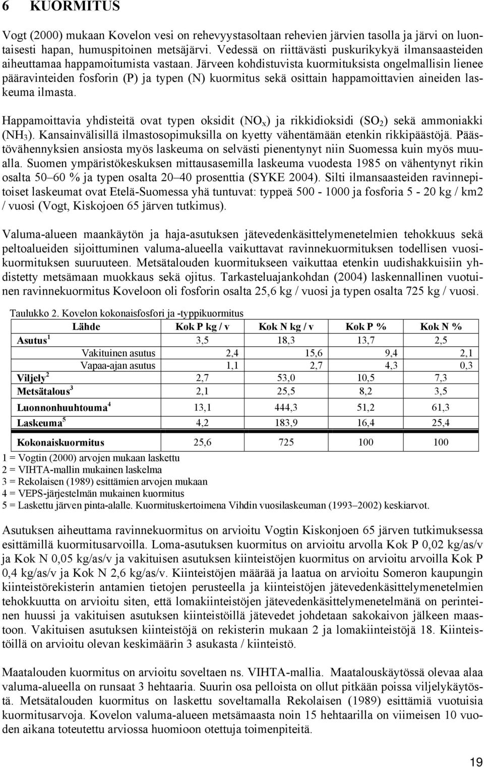 Järveen kohdistuvista kuormituksista ongelmallisin lienee pääravinteiden fosforin (P) ja typen (N) kuormitus sekä osittain happamoittavien aineiden laskeuma ilmasta.