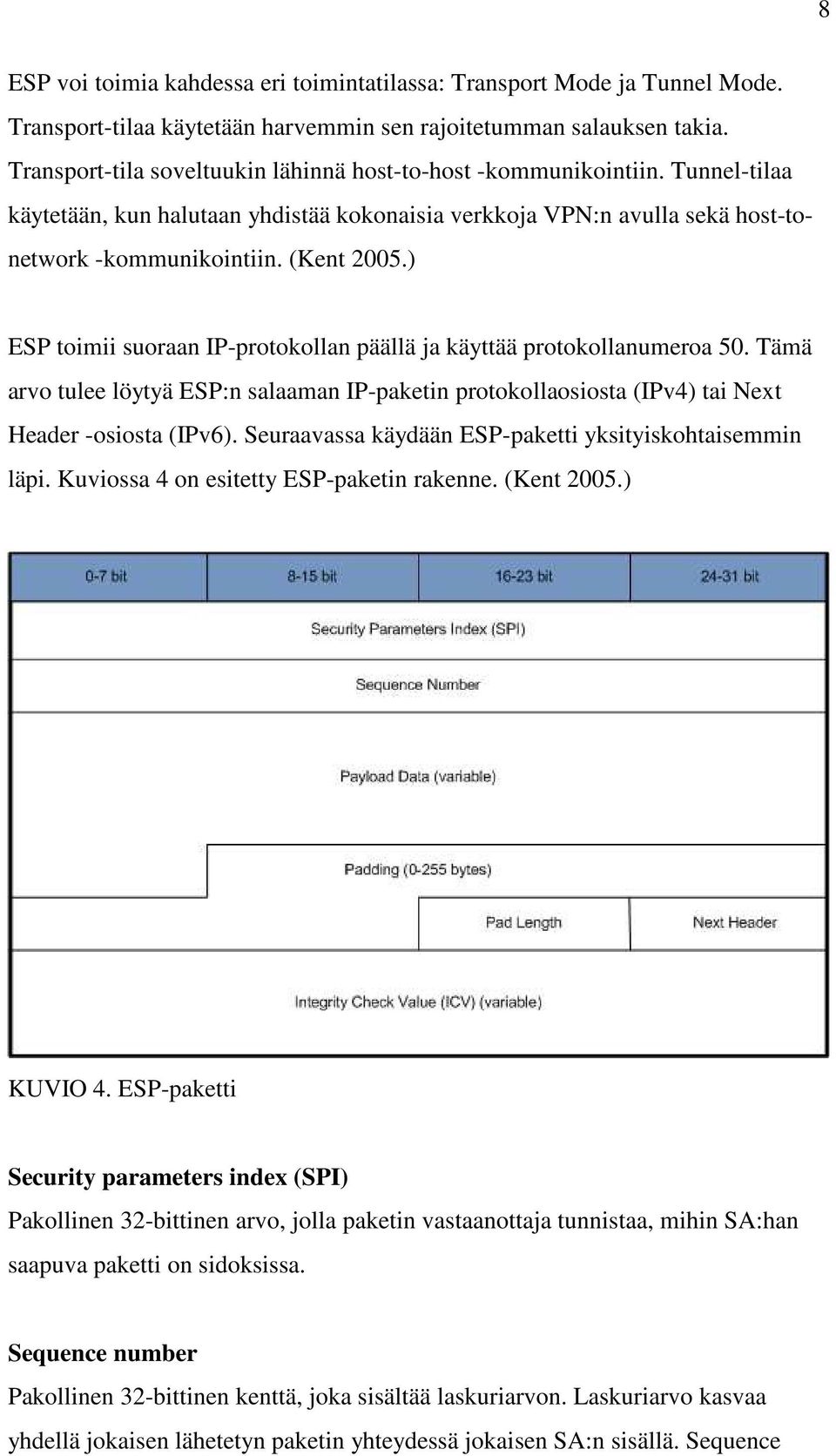 ) ESP toimii suoraan IP-protokollan päällä ja käyttää protokollanumeroa 50. Tämä arvo tulee löytyä ESP:n salaaman IP-paketin protokollaosiosta (IPv4) tai Next Header -osiosta (IPv6).