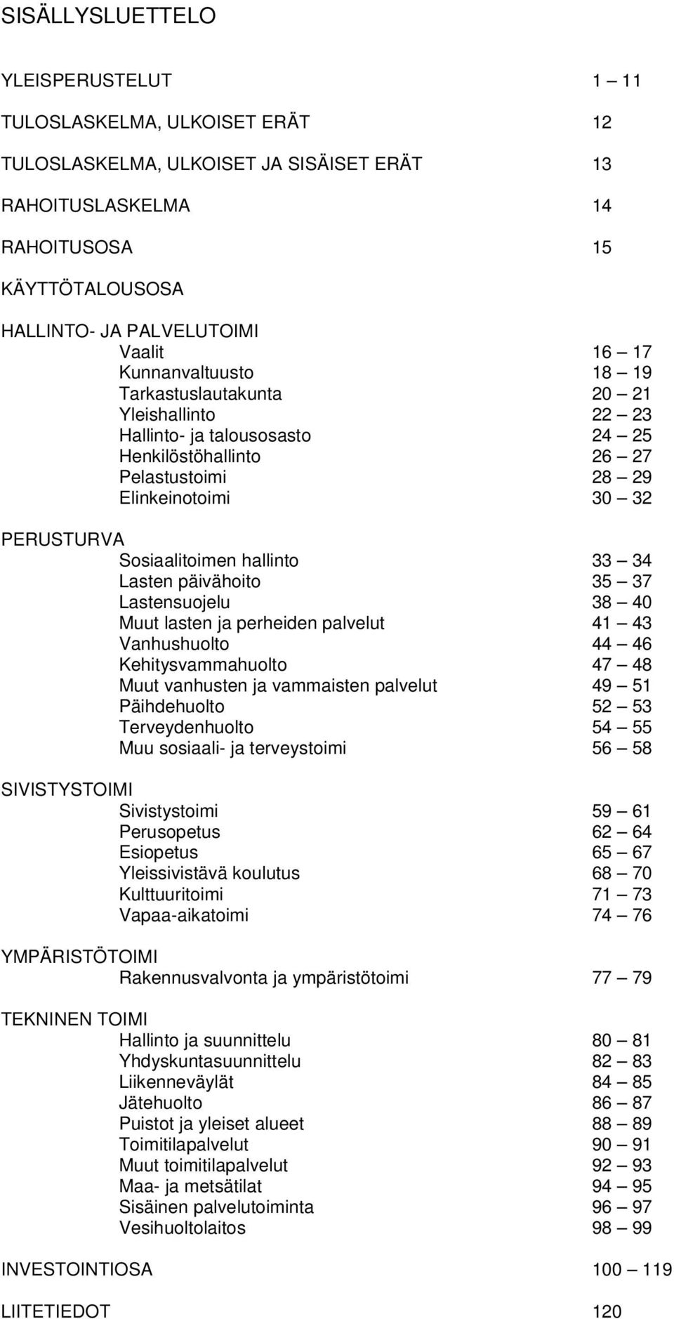 hallinto 33 34 Lasten päivähoito 35 37 Lastensuojelu 38 40 Muut lasten ja perheiden palvelut 41 43 Vanhushuolto 44 46 Kehitysvammahuolto 47 48 Muut vanhusten ja vammaisten palvelut 49 51 Päihdehuolto