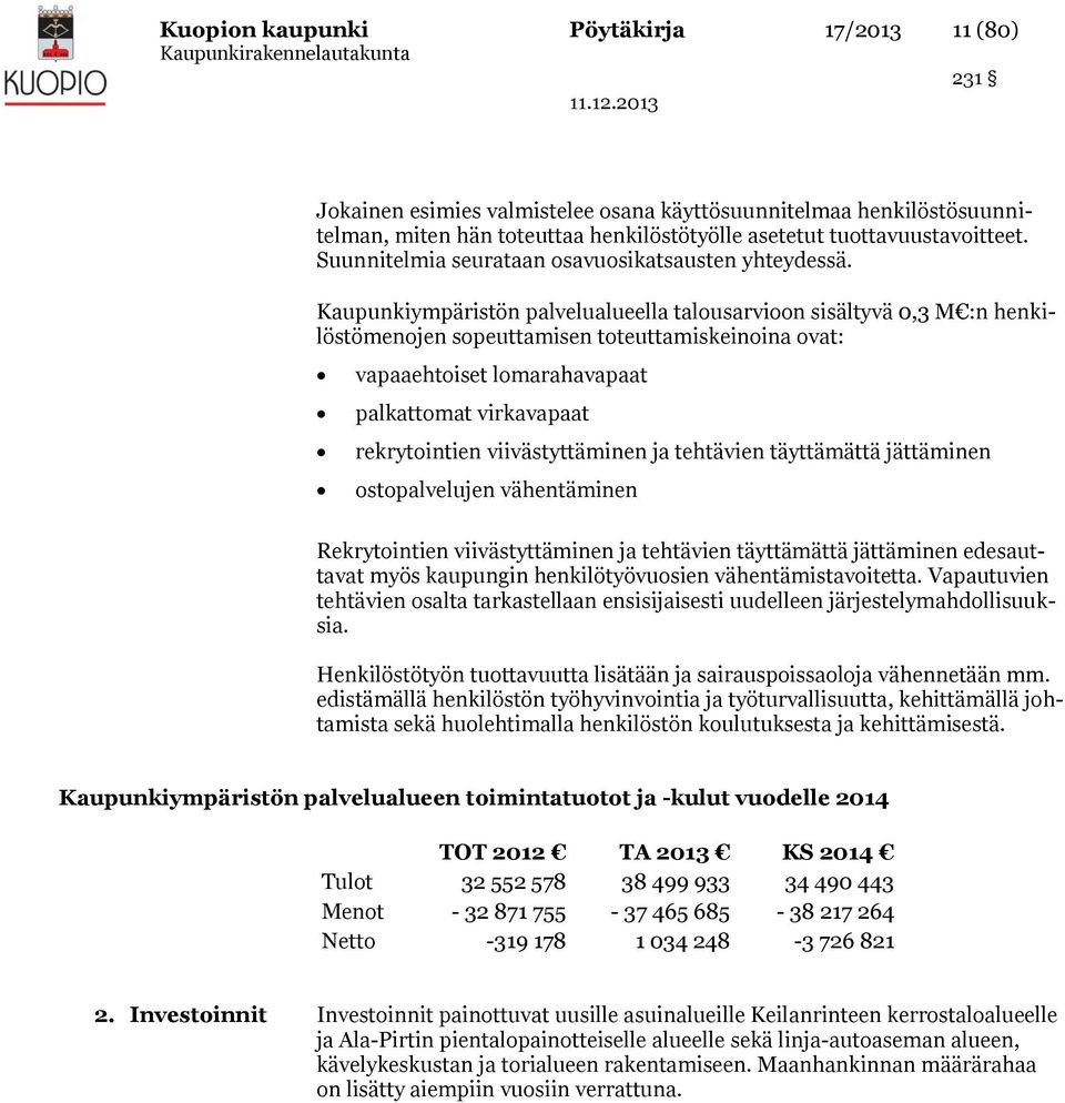 Kaupunkiympäristön palvelualueella talousarvioon sisältyvä 0,3 M :n henkilöstömenojen sopeuttamisen toteuttamiskeinoina ovat: vapaaehtoiset lomarahavapaat palkattomat virkavapaat rekrytointien