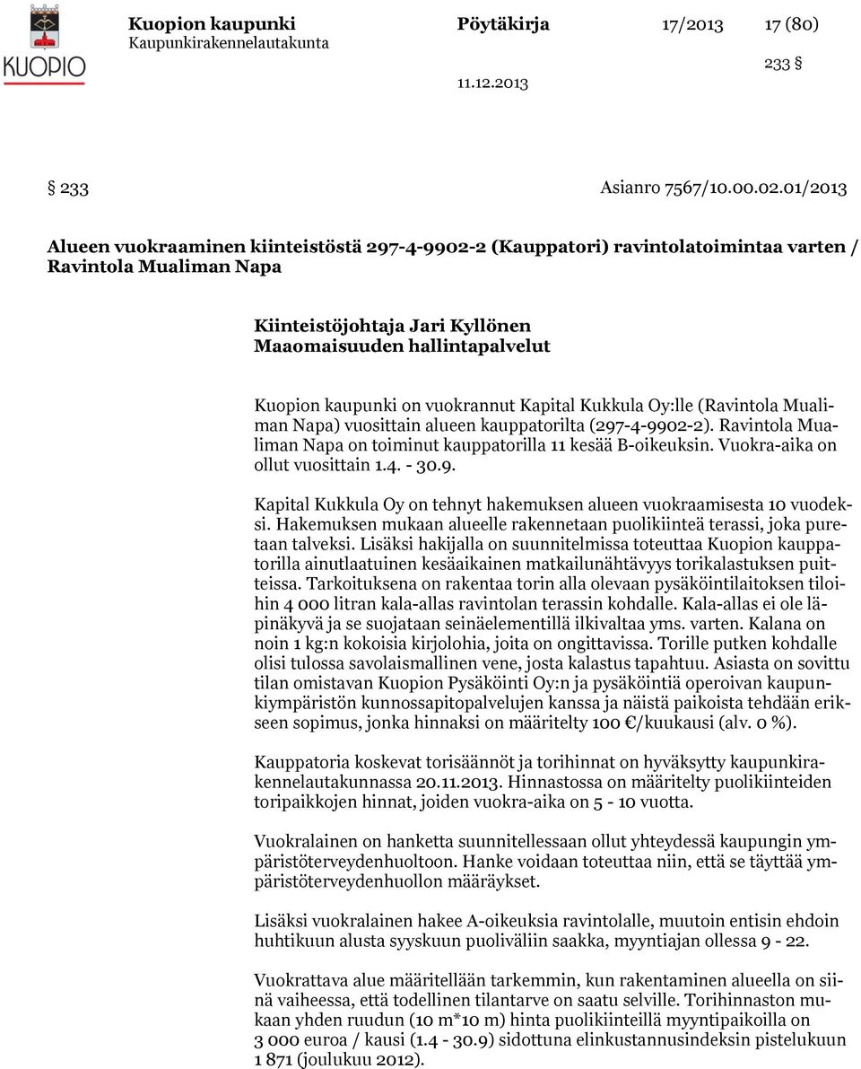 on vuokrannut Kapital Kukkula Oy:lle (Ravintola Mualiman Napa) vuosittain alueen kauppatorilta (297-4-9902-2). Ravintola Mualiman Napa on toiminut kauppatorilla 11 kesää B-oikeuksin.