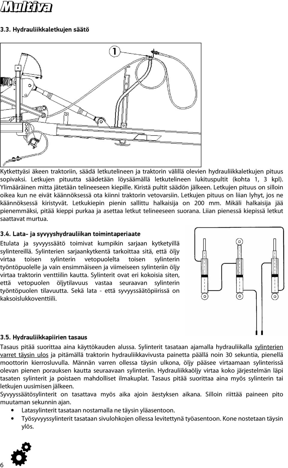 Letkujen pituus on silloin oikea kun ne eivät käännöksessä ota kiinni traktorin vetovarsiin. Letkujen pituus on liian lyhyt, jos ne käännöksessä kiristyvät.