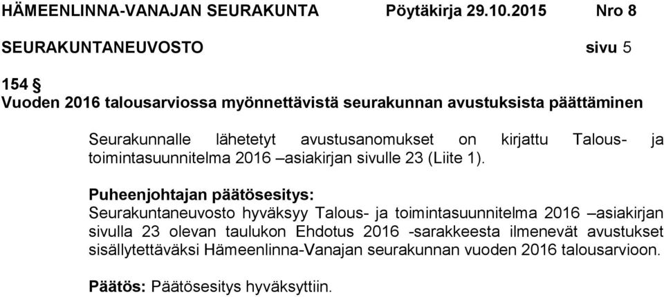 Seurakuntaneuvosto hyväksyy Talous- ja toimintasuunnitelma 2016 asiakirjan sivulla 23 olevan taulukon Ehdotus 2016