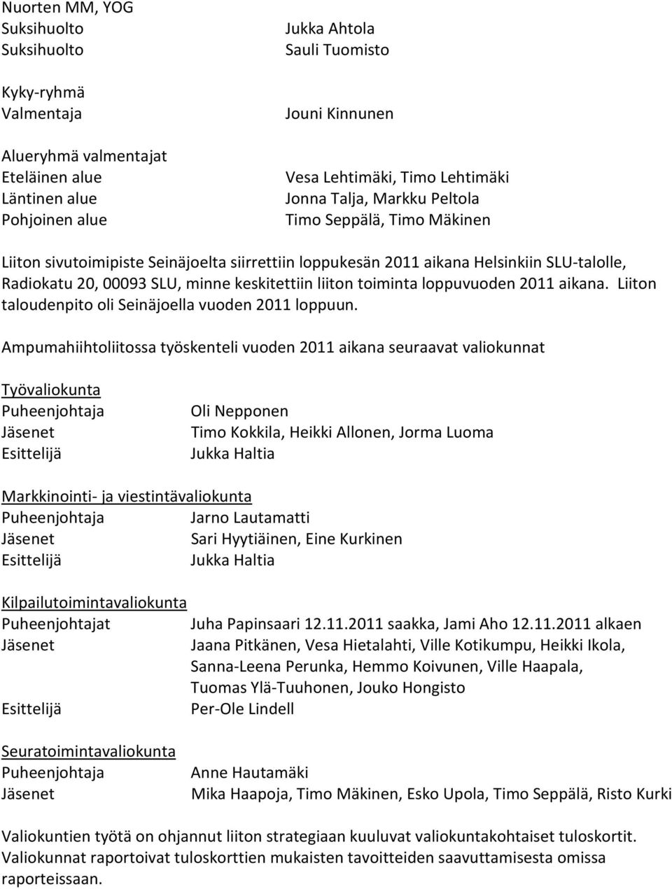 keskitettiin liiton toiminta loppuvuoden 2011 aikana. Liiton taloudenpito oli Seinäjoella vuoden 2011 loppuun.