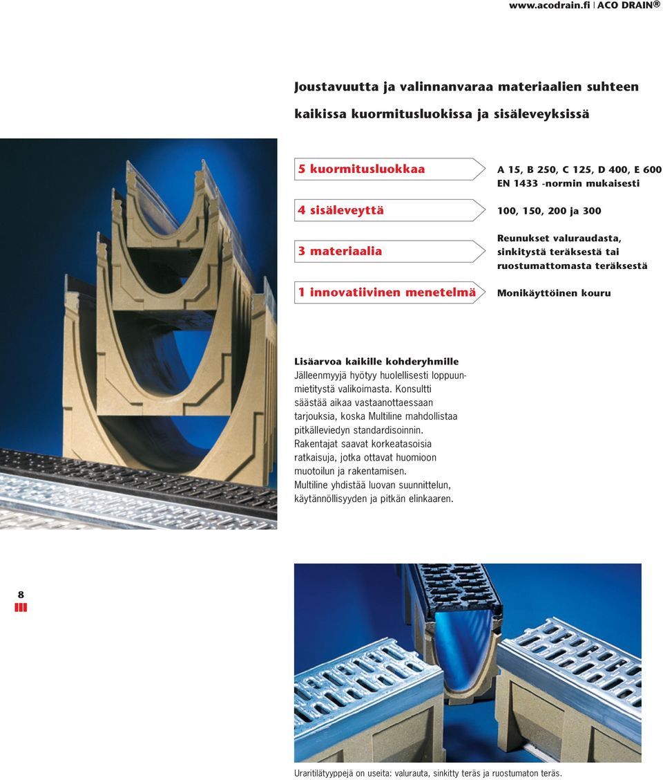 125, D 400, E 600 EN 1433 -normin mukaisesti 100, 150, 200 ja 300 Reunukset valuraudasta, sinkitystä teräksestä tai ruostumattomasta teräksestä Monikäyttöinen kouru Lisäarvoa kaikille kohderyhmille