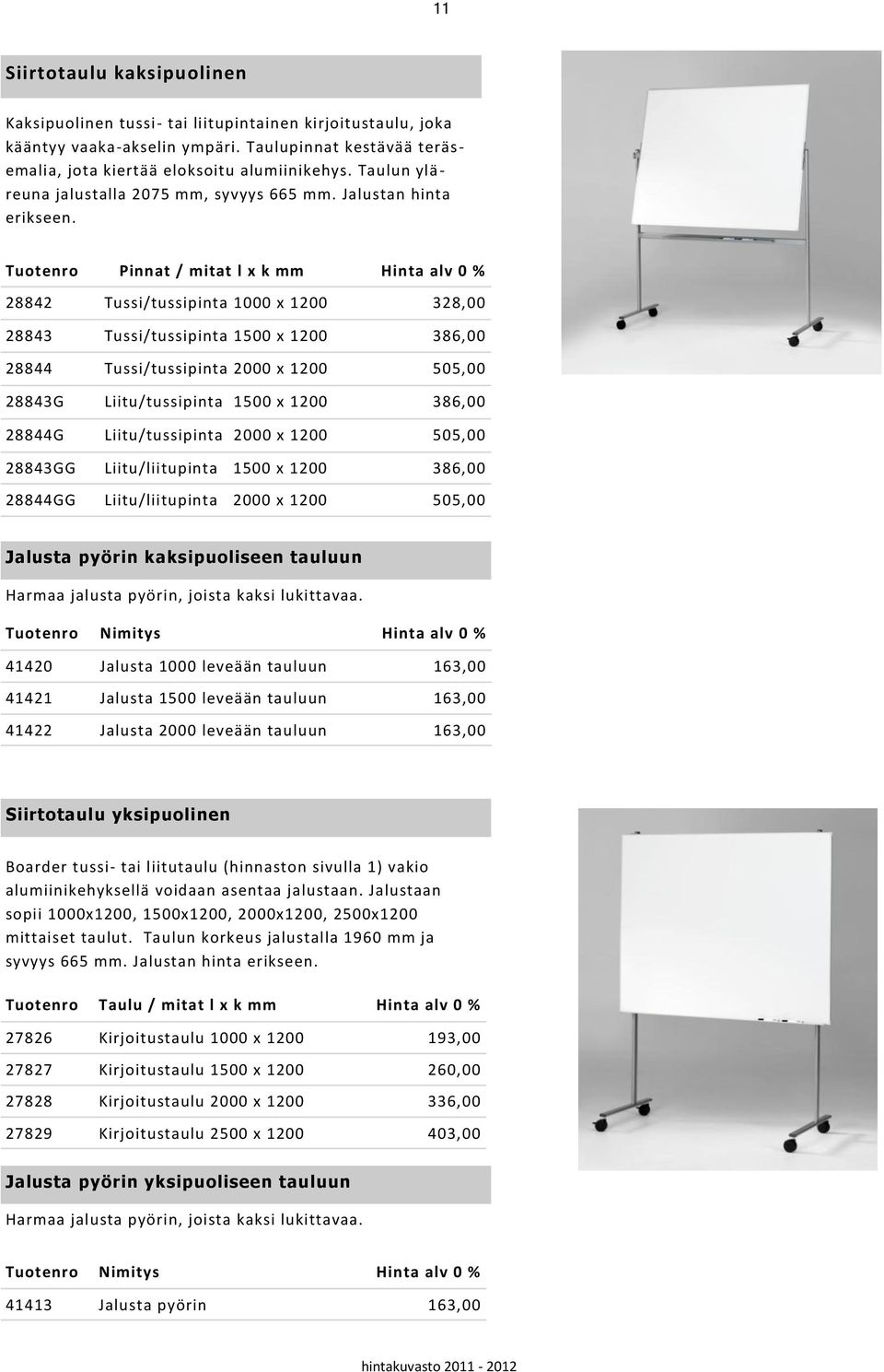 Tuotenro Pinnat / mitat l x k mm Hinta alv 0 % 28842 Tussi/tussipinta 1000 x 1200 328,00 28843 Tussi/tussipinta 1500 x 1200 386,00 28844 Tussi/tussipinta 2000 x 1200 505,00 28843G Liitu/tussipinta