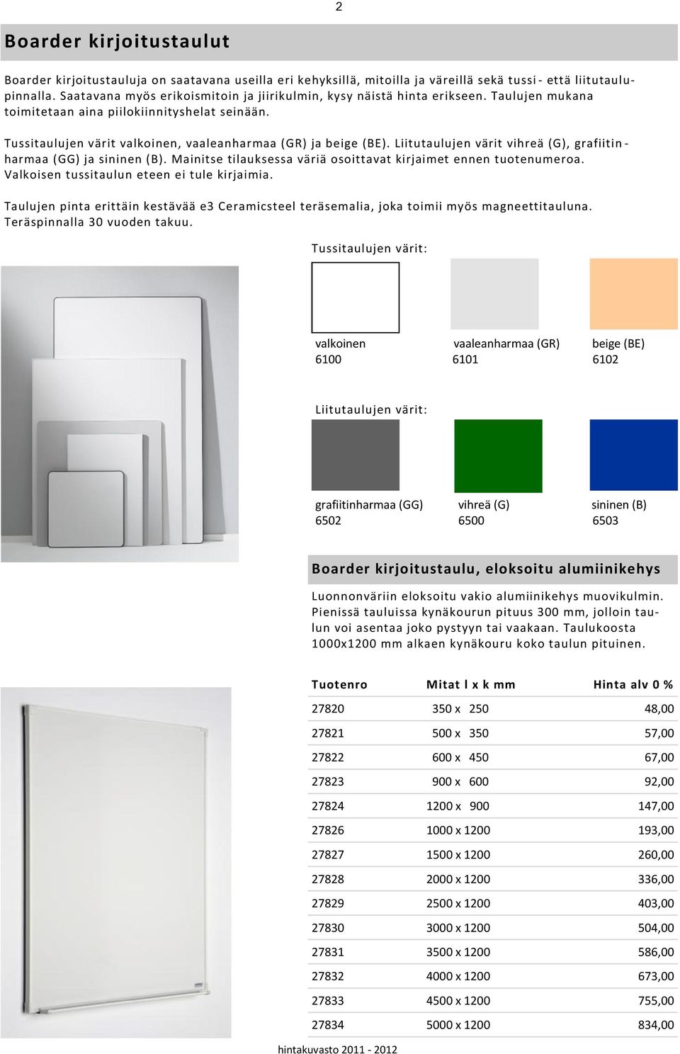 Liitutaulujen värit vihreä (G), grafiitin - harmaa (GG) ja sininen (B). Mainitse tilauksessa väriä osoittavat kirjaimet ennen tuotenumeroa. Valkoisen tussitaulun eteen ei tule kirjaimia.