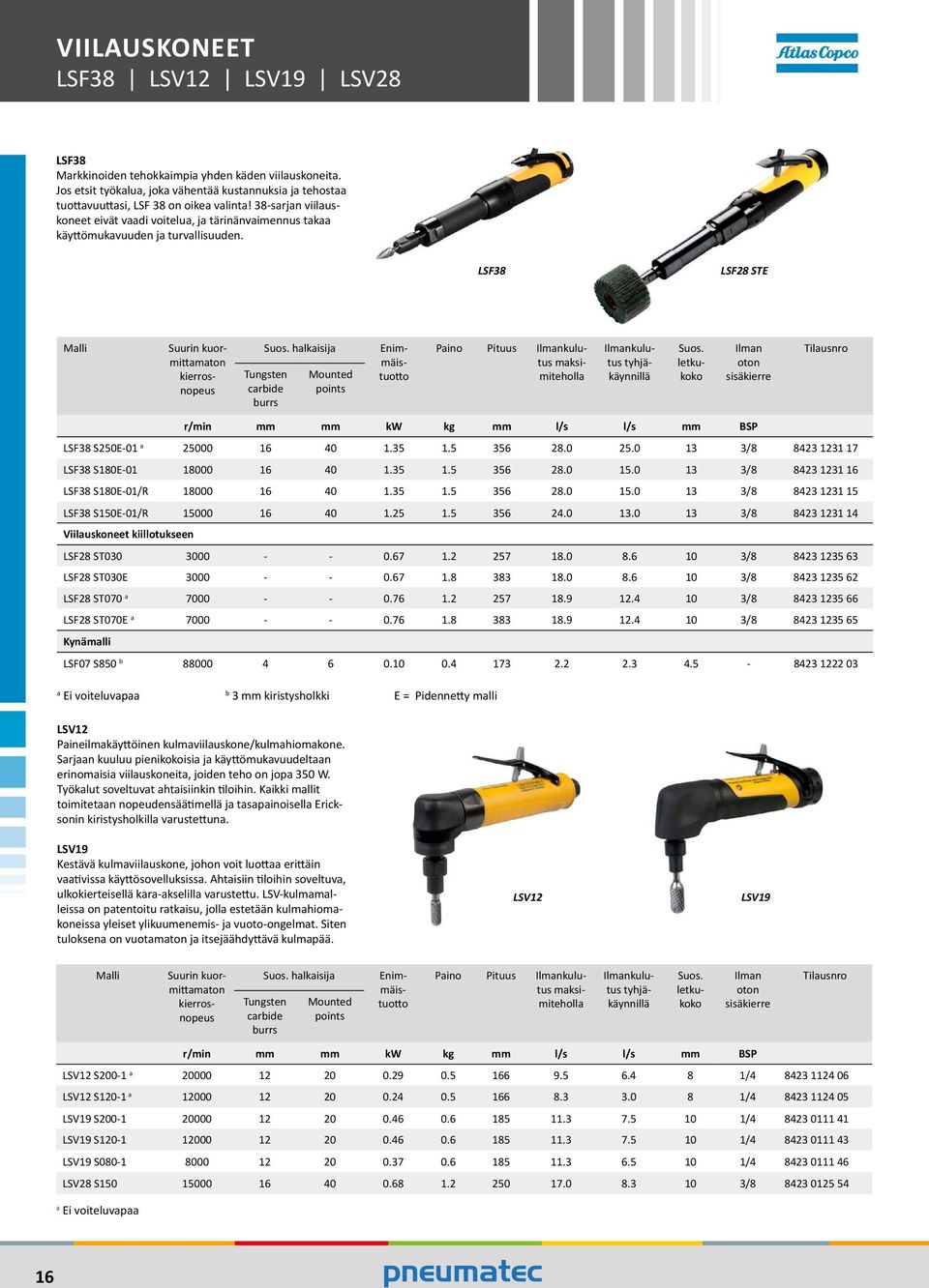LSF38 LSF28 STE Mlli hlkisij Tungsten crbide burrs Mounted points Suurin kuormittmton kierrosnopeus Enimmäistuotto Pino Pituus Ilmnkulutus mksimiteholl Ilmnkulutus tyhjäkäynnillä Ilmn oton r/min mm
