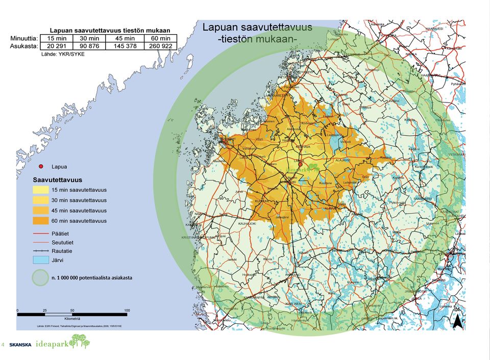 saavutettavuus 45 min saavutettavuus TI 60 min saavutettavuus KA Päätiet Laukaa KRIS IS S Seututiet Rautatie Vaajakoski KYLÄ Järvi Muurame n.