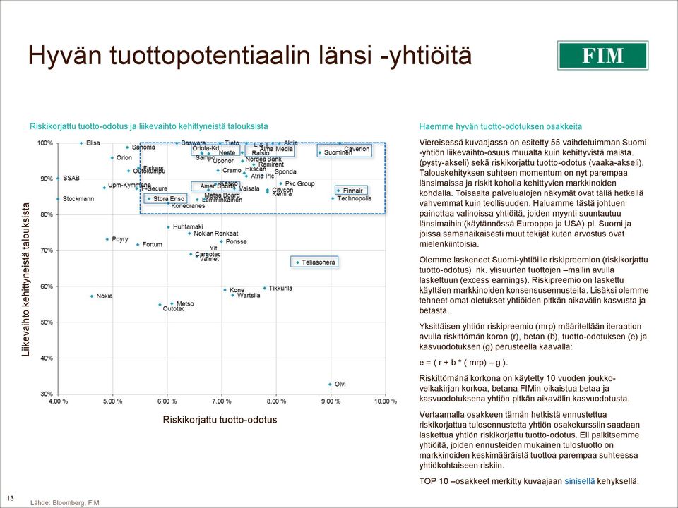 (pysty-akseli) sekä riskikorjattu tuotto-odotus (vaaka-akseli). Talouskehityksen suhteen momentum on nyt parempaa länsimaissa ja riskit koholla kehittyvien markkinoiden kohdalla.