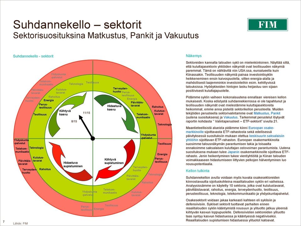 Teollisuuden näkymiä painaa investointisyklin heikkeneminen ensin kaivospuolella, sitten energia-alalla ja mahdollisesti laajemminkin investointeihin esim. kehittyvissä talouksissa.