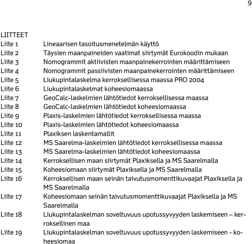 lähtötiedot kerroksellisessa maassa Liite 8 GeoCalc-laskelmien lähtötiedot koheesiomaassa Liite 9 Plaxis-laskelmien lähtötiedot kerroksellisessa maassa Liite 10 Plaxis-laskelmien lähtötiedot