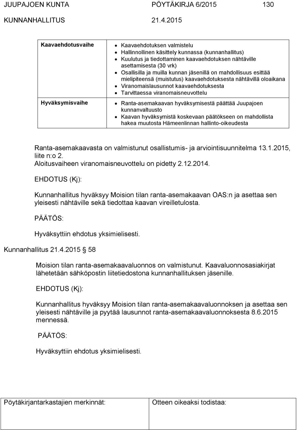 Tarvittaessa viranomaisneuvottelu Ranta-asemakaavan hyväksymisestä päättää Juupajoen kunnanvaltuusto Kaavan hyväksymistä koskevaan päätökseen on mahdollista hakea muutosta Hämeenlinnan