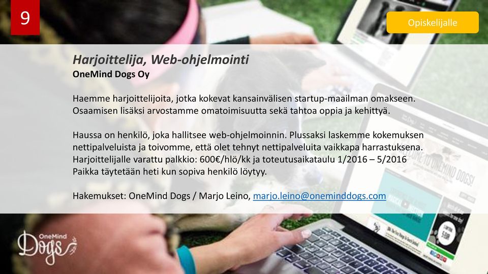 Plussaksi laskemme kokemuksen nettipalveluista ja toivomme, että olet tehnyt nettipalveluita vaikkapa harrastuksena.