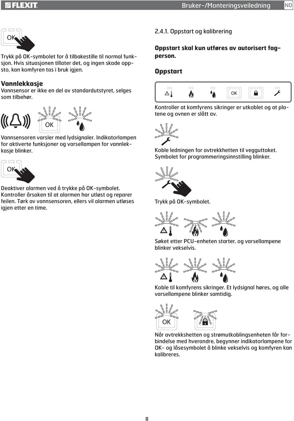 Oppstart Vannlekkasje Vannsensor er ikke en del av standardutstyret, selges som tilbehør. Kontroller at komfyrens sikringer er utkoblet og at platene og ovnen er slått av.