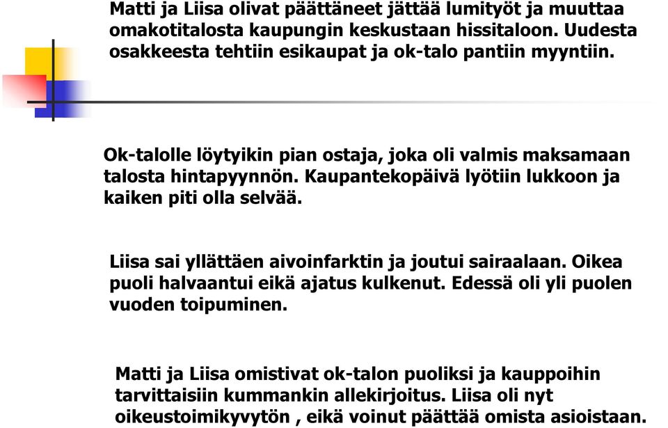 Kaupantekopäivä lyötiin lukkoon ja kaiken piti olla selvää. Liisa sai yllättäen aivoinfarktin ja joutui sairaalaan.