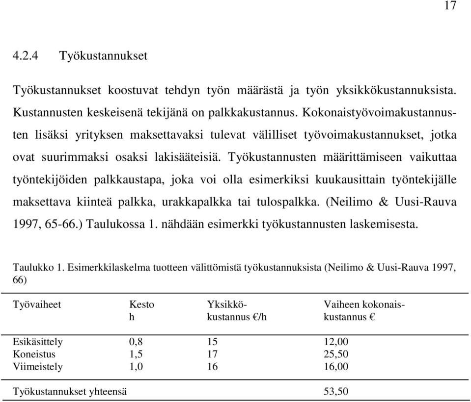 Työkustannusten määrittämiseen vaikuttaa työntekijöiden palkkaustapa, joka voi olla esimerkiksi kuukausittain työntekijälle maksettava kiinteä palkka, urakkapalkka tai tulospalkka.