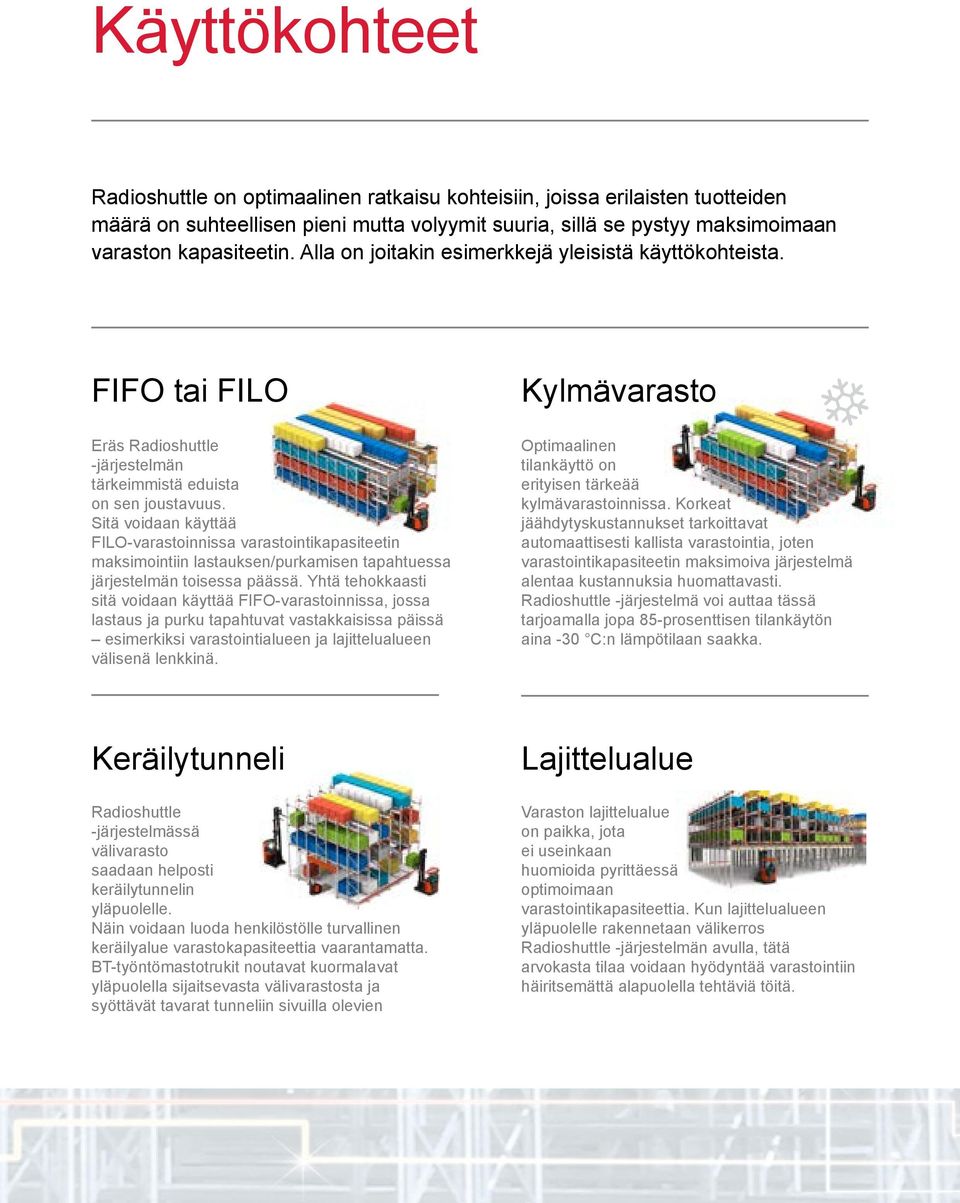 Sitä voidaan käyttää FILO-varastoinnissa varastointikapasiteetin maksimointiin lastauksen/purkamisen tapahtuessa järjestelmän toisessa päässä.