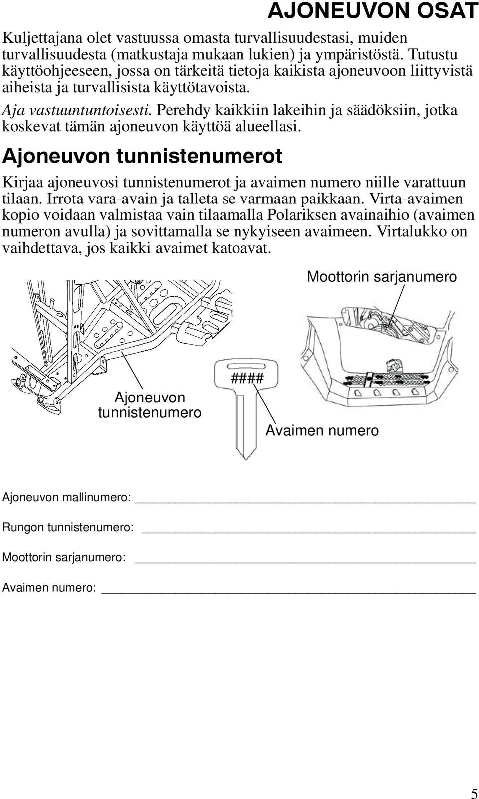 Perehdy kaikkiin lakeihin ja säädöksiin, jotka koskevat tämän ajoneuvon käyttöä alueellasi. Ajoneuvon tunnistenumerot Kirjaa ajoneuvosi tunnistenumerot ja avaimen numero niille varattuun tilaan.