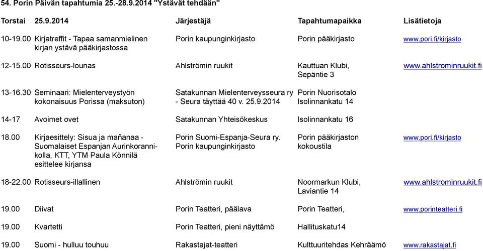 ahlstrominruukit.fi Sepäntie 3 13-16.30 Seminaari: Mielenterveystyön Satakunnan Mielenterveysseura ry Porin Nuorisotalo kokonaisuus Porissa (maksuton) - Seura täyttää 40 v. 25.9.