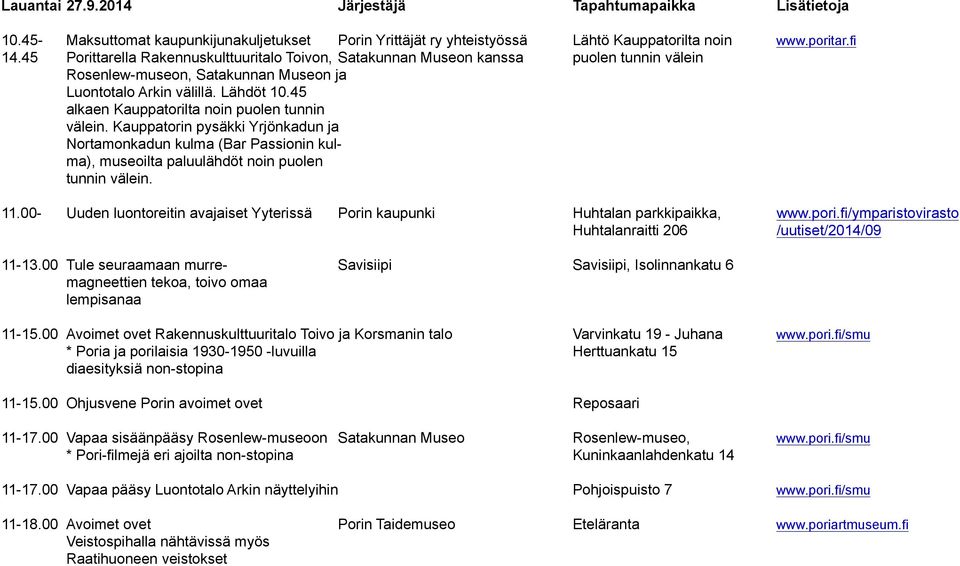 45 alkaen Kauppatorilta noin puolen tunnin välein. Kauppatorin pysäkki Yrjönkadun ja Nortamonkadun kulma (Bar Passionin kulma), museoilta paluulähdöt noin puolen tunnin välein. 11.