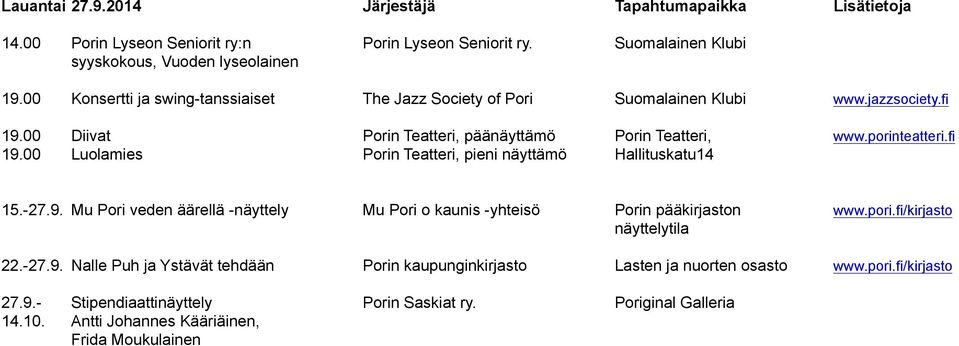 -27.9. Mu Pori veden äärellä -näyttely Mu Pori o kaunis -yhteisö Porin pääkirjaston www.pori.fi/kirjasto näyttelytila 22.-27.9. Nalle Puh ja Ystävät tehdään Porin kaupunginkirjasto Lasten ja nuorten osasto www.