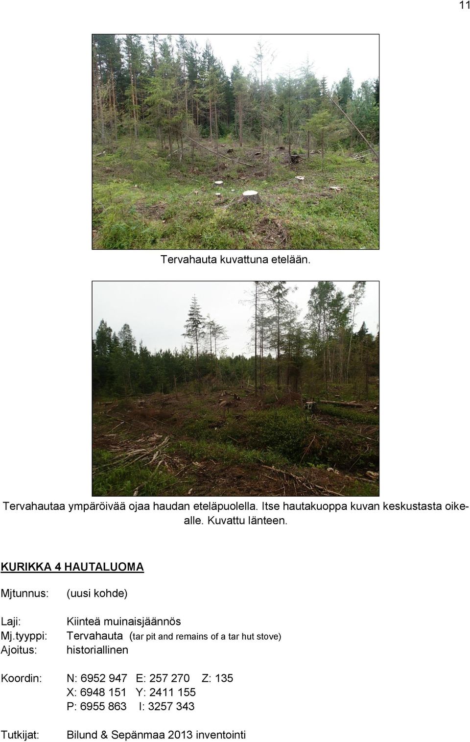 tyyppi: Ajoitus: (uusi kohde) Kiinteä muinaisjäännös Tervahauta (tar pit and remains of a tar hut stove)