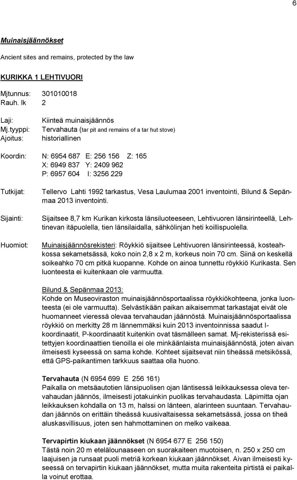 Tutkijat: Sijainti: Huomiot: Tellervo Lahti 1992 tarkastus, Vesa Laulumaa 2001 inventointi, Bilund & Sepänmaa 2013 inventointi.