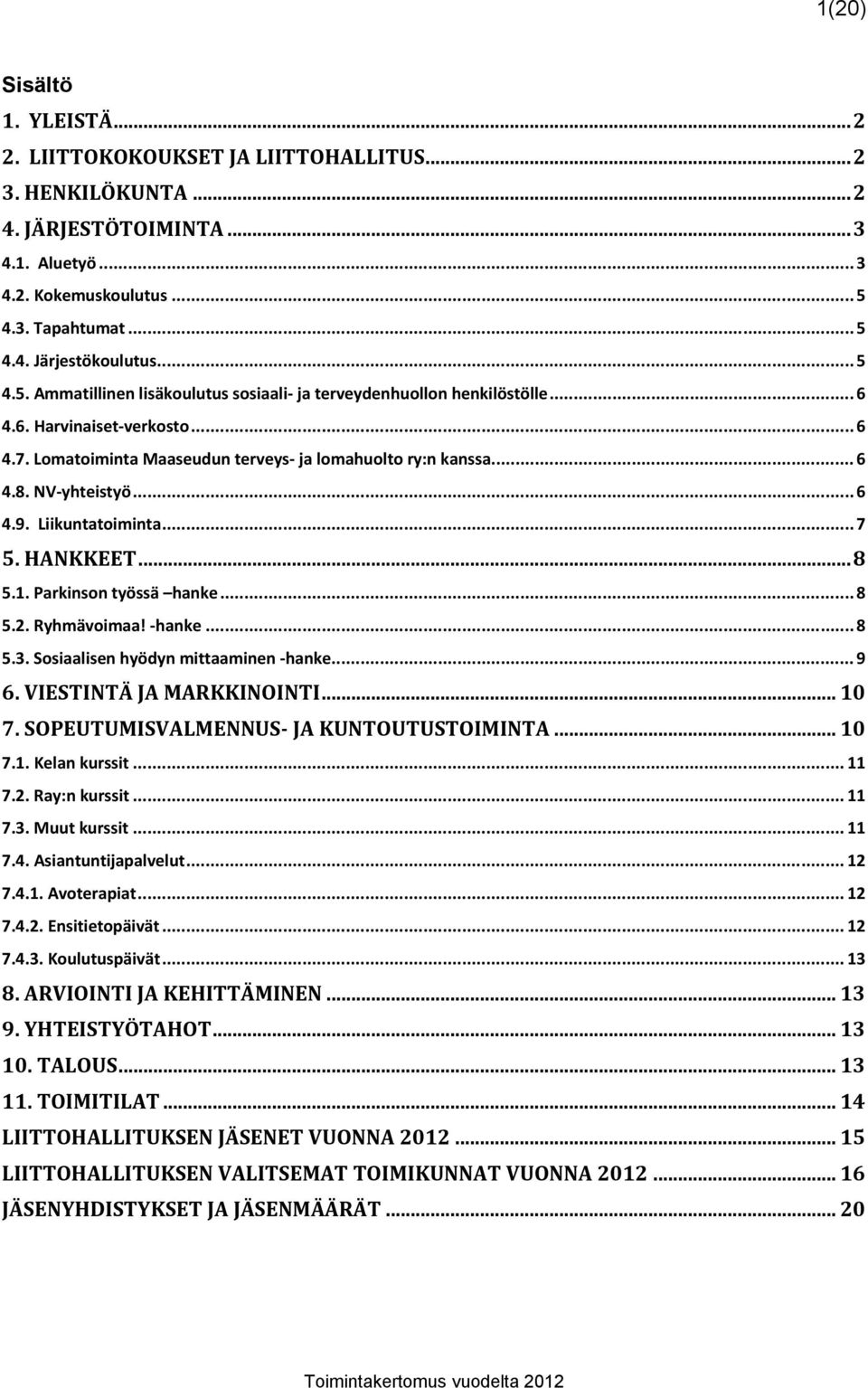 .. 6 4.9. Liikuntatoiminta... 7 5. HANKKEET... 8 5.1. Parkinson työssä hanke... 8 5.2. Ryhmävoimaa! hanke... 8 5.3. Sosiaalisen hyödyn mittaaminen hanke... 9 6. VIESTINTÄ JA MARKKINOINTI... 10 7.