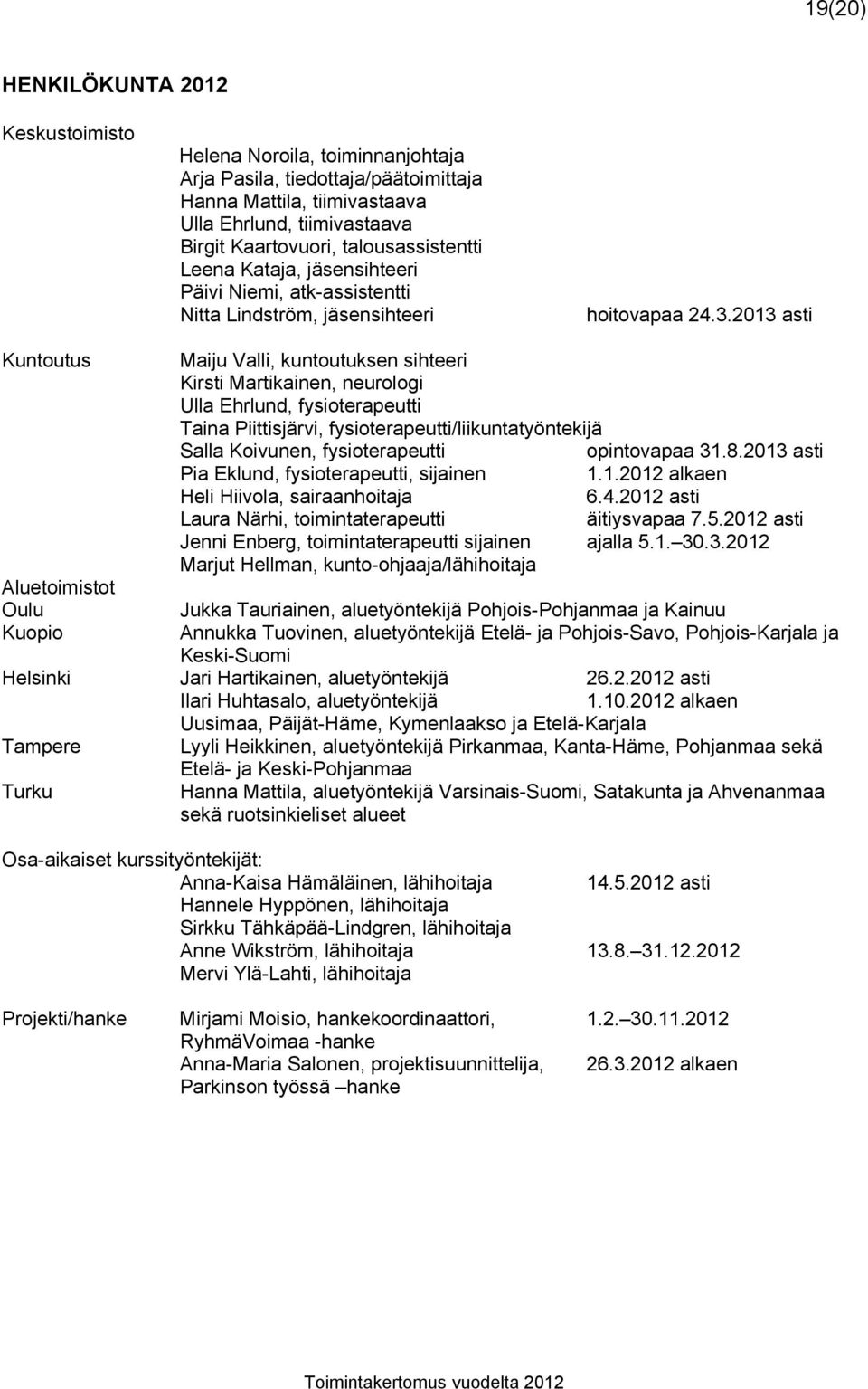 2013 asti Kuntoutus Maiju Valli, kuntoutuksen sihteeri Kirsti Martikainen, neurologi Ulla Ehrlund, fysioterapeutti Taina Piittisjärvi, fysioterapeutti/liikuntatyöntekijä Salla Koivunen,