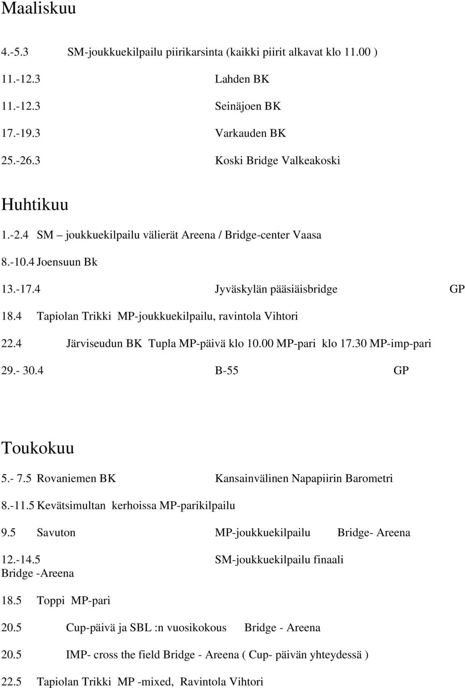 4 Tapiolan Trikki MP-joukkuekilpailu, ravintola Vihtori 22.4 Järviseudun BK Tupla MP-päivä klo 10.00 MP-pari klo 17.30 MP-imp-pari 29.- 30.4 B-55 GP Toukokuu 5.- 7.