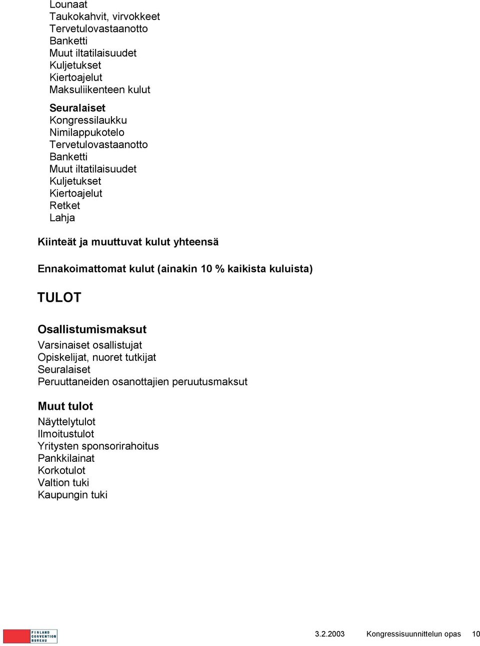 kulut (ainakin 10 % kaikista kuluista) TULOT Osallistumismaksut Varsinaiset osallistujat Opiskelijat, nuoret tutkijat Seuralaiset Peruuttaneiden osanottajien